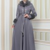 HOODED FUR SLEEVE BELT LEATHER COAT 1349 - gray