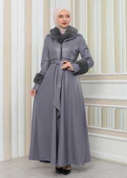 مانطو جلد نسائي شتوي مع كبشون فرو 1349 - فضي