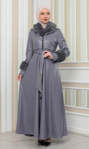 HOODED FUR SLEEVE BELT LEATHER COAT 1349 - gray
