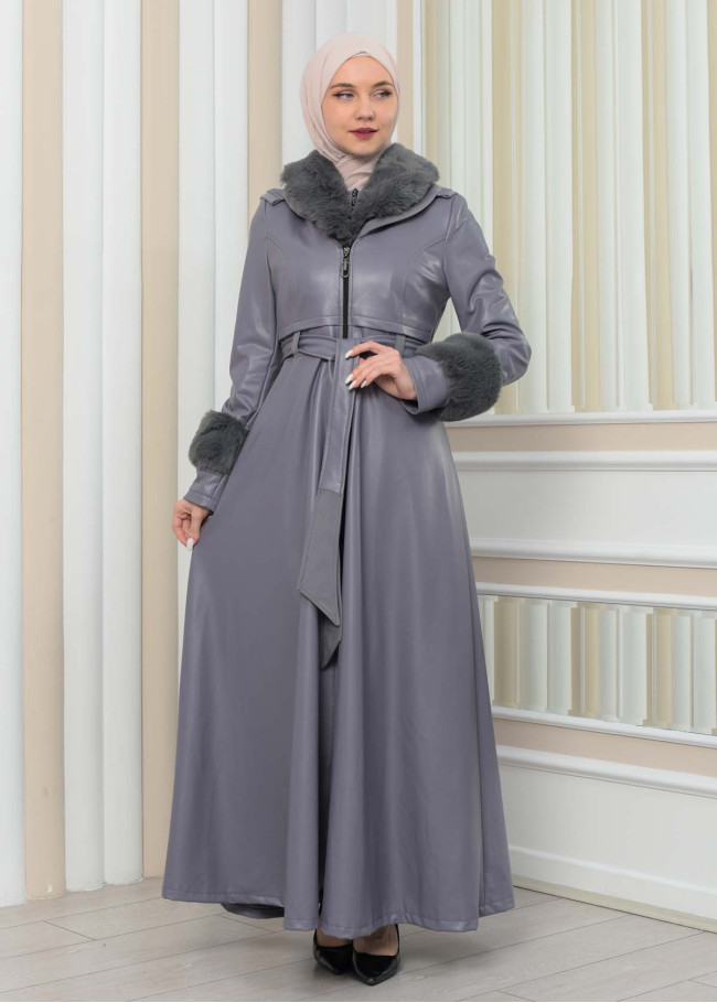 مانطو جلد نسائي شتوي مع كبشون فرو 1349 Gri