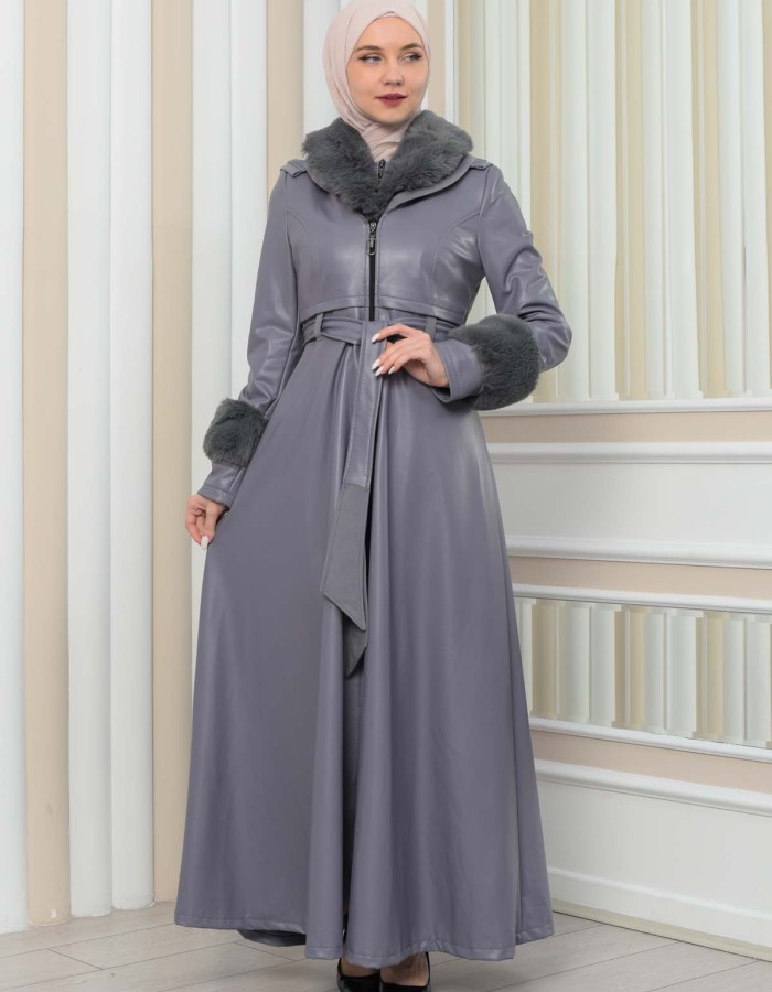 HOODED FUR SLEEVE BELT LEATHER COAT 1349 - gray