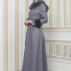 HOODED FUR SLEEVE BELT LEATHER COAT 1349 - gray