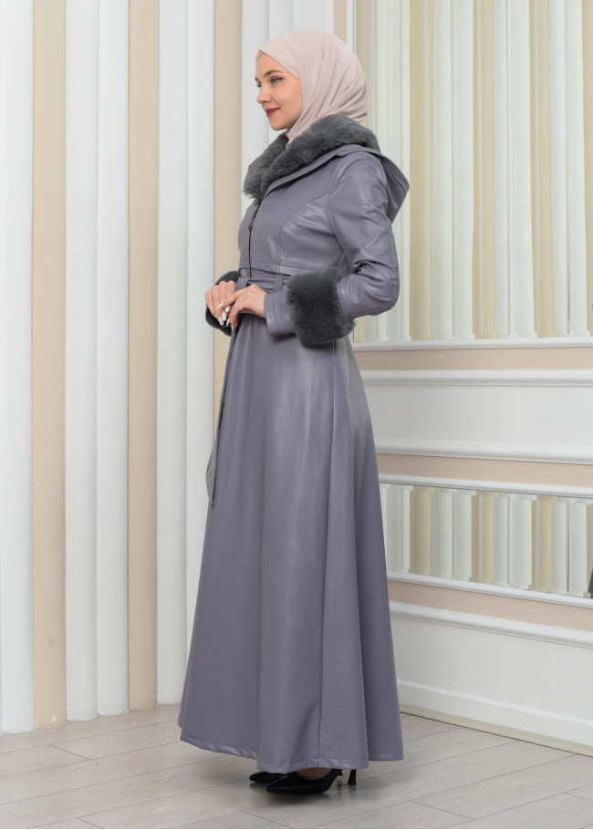 مانطو جلد نسائي شتوي مع كبشون فرو 1349 Gri