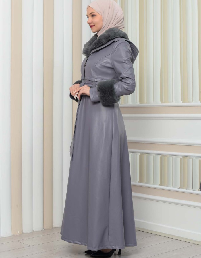 HOODED FUR SLEEVE BELT LEATHER COAT 1349 - gray
