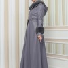 HOODED FUR SLEEVE BELT LEATHER COAT 1349 - gray