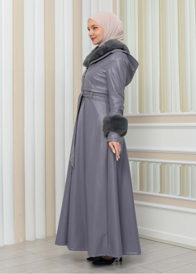 مانطو جلد نسائي شتوي مع كبشون فرو 1349 Gri