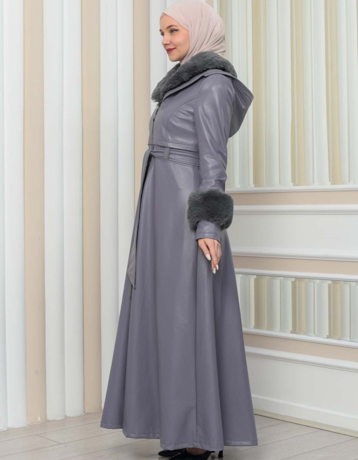 HOODED FUR SLEEVE BELT LEATHER COAT 1349 - gray