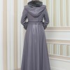HOODED FUR SLEEVE BELT LEATHER COAT 1349 - gray