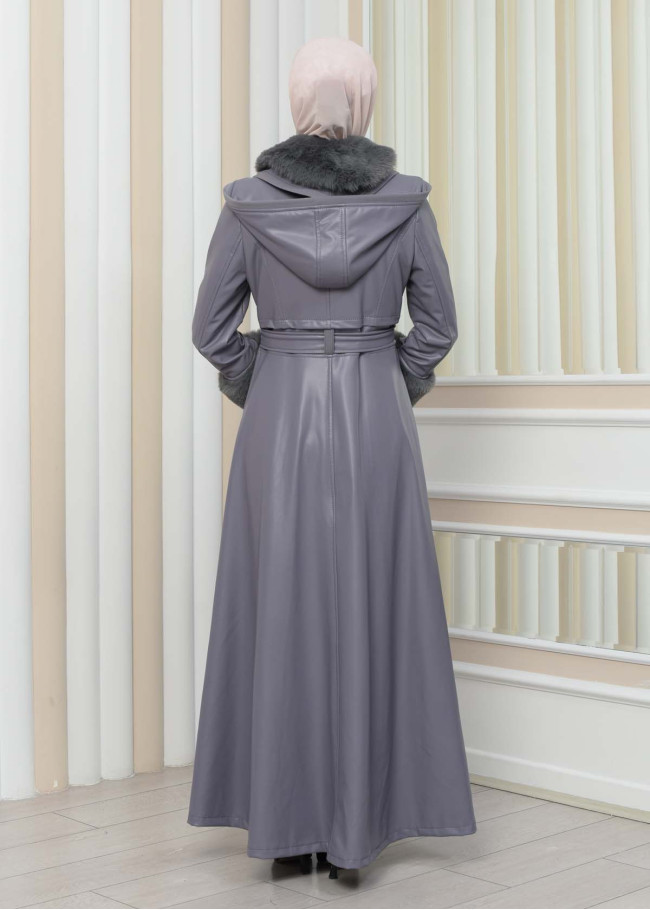 مانطو جلد نسائي شتوي مع كبشون فرو 1349 Gri