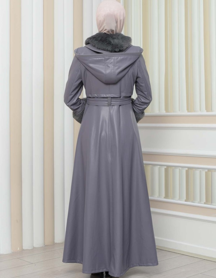 HOODED FUR SLEEVE BELT LEATHER COAT 1349 - gray
