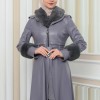 HOODED FUR SLEEVE BELT LEATHER COAT 1349 - gray