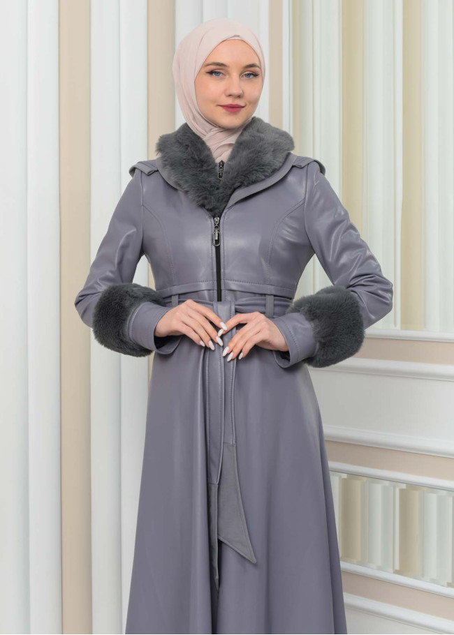 مانطو جلد نسائي شتوي مع كبشون فرو 1349 Gri