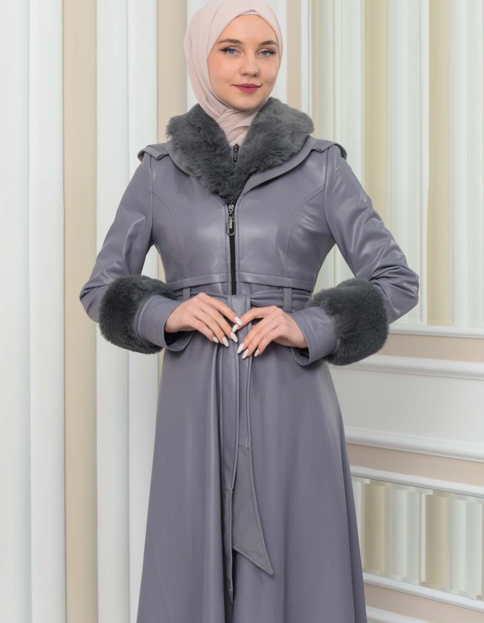 HOODED FUR SLEEVE BELT LEATHER COAT 1349 - gray