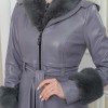 HOODED FUR SLEEVE BELT LEATHER COAT 1349 - gray