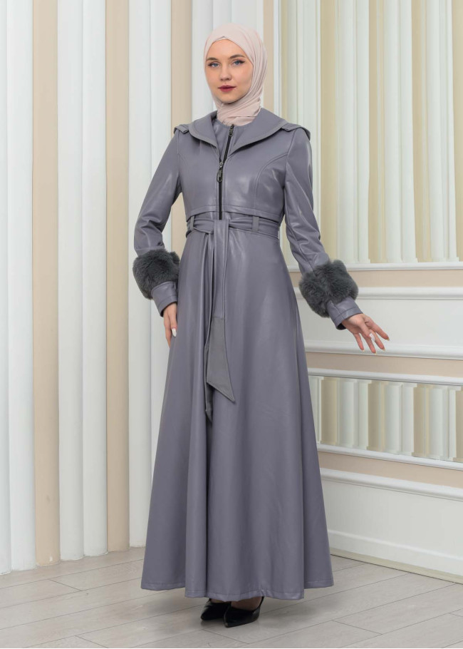 مانطو جلد نسائي شتوي مع كبشون فرو 1349 Gri