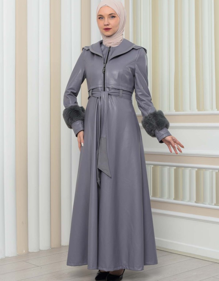 HOODED FUR SLEEVE BELT LEATHER COAT 1349 - gray