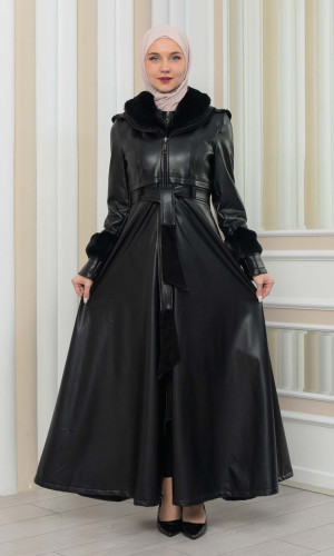 مانطو جلد نسائي شتوي مع كبشون فرو 1349 - اسود