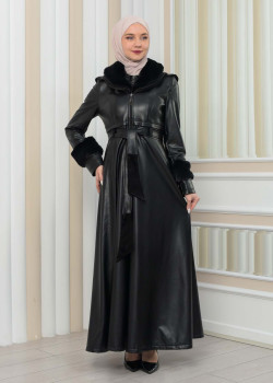 مانطو جلد نسائي شتوي مع كبشون فرو 1349 - اسود