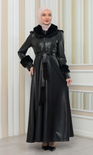 مانطو جلد نسائي شتوي مع كبشون فرو 1349 - اسود