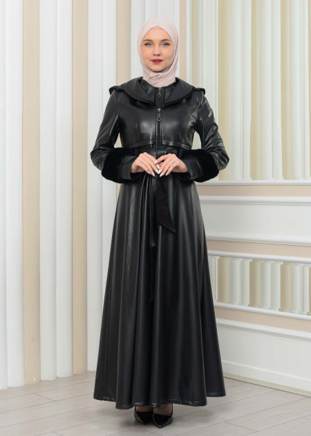 Double Cloche Treated Leather Manto with Rabbit Fur Lining 1349 - black - HIJAB  CLOTHING - Moda Mix | Moda Mix