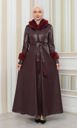 مانطو جلد نسائي شتوي مع كبشون فرو 1349 - خمري