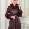 مانطو جلد نسائي شتوي مع كبشون فرو 1349 Bordo