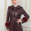 مانطو جلد نسائي شتوي مع كبشون فرو 1349 Bordo