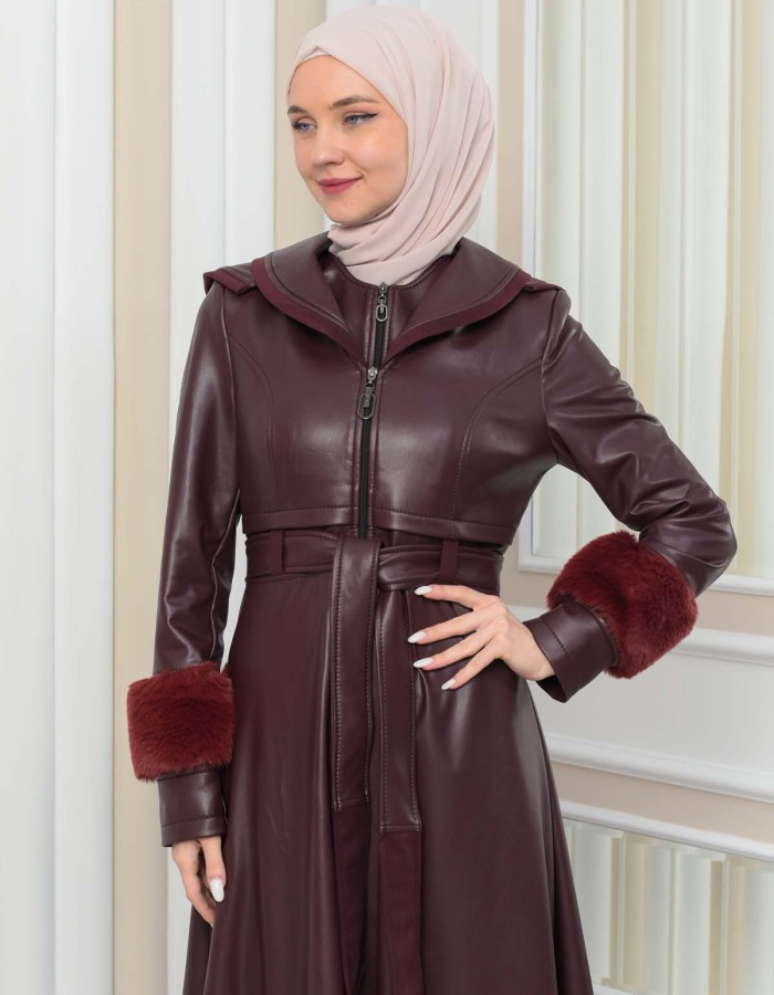 مانطو جلد نسائي شتوي مع كبشون فرو 1349 Bordo