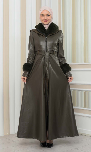 مانطو جلد نسائي شتوي مع كبشون فرو 1349 - زيتي