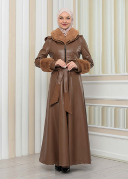 مانطو جلد نسائي شتوي مع كبشون فرو 1349 - ترابي