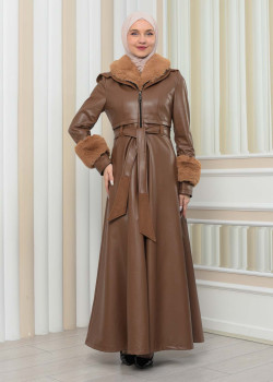 مانطو جلد نسائي شتوي مع كبشون فرو 1349 - ترابي