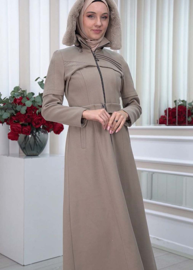 HODDED BAİZE HIJAB TOPCOAT 1336 Açık kahverengi