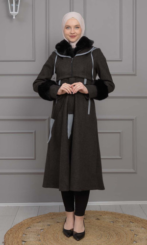 ترانشكوت نسائي جوخ شتوي مع كبيشون فرو قابلة للإزالة 1355 - اسود