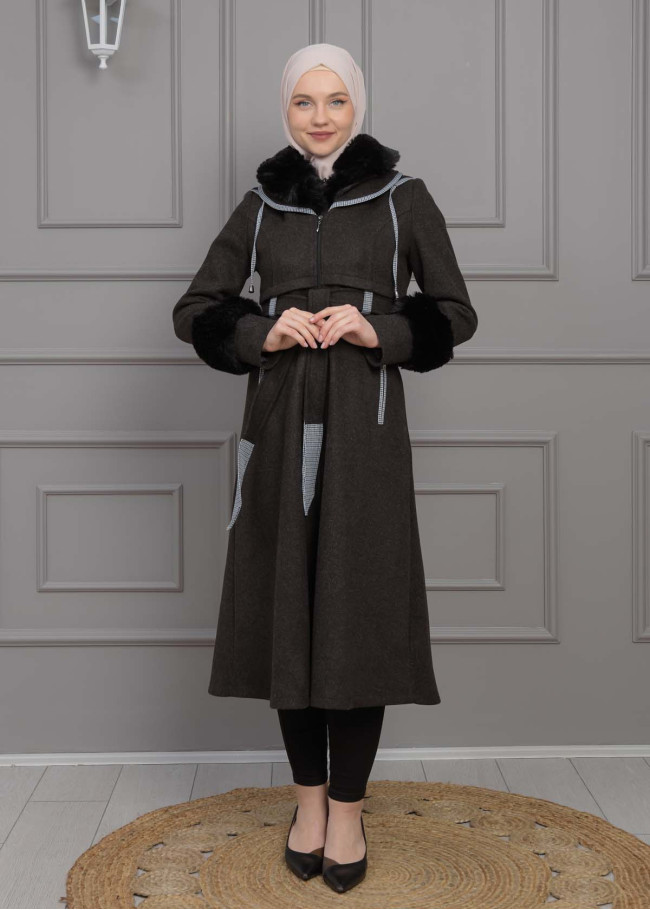 BELTED CACHET TOPCOAT WITH HOOD AND SLEEVE FUR DETAILS 1355 Siyah
