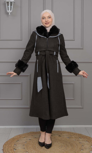 ترانشكوت نسائي جوخ شتوي مع كبيشون فرو قابلة للإزالة 1355 - اسود