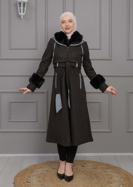 BELTED CACHET TOPCOAT WITH HOOD AND SLEEVE FUR DETAILS 1355