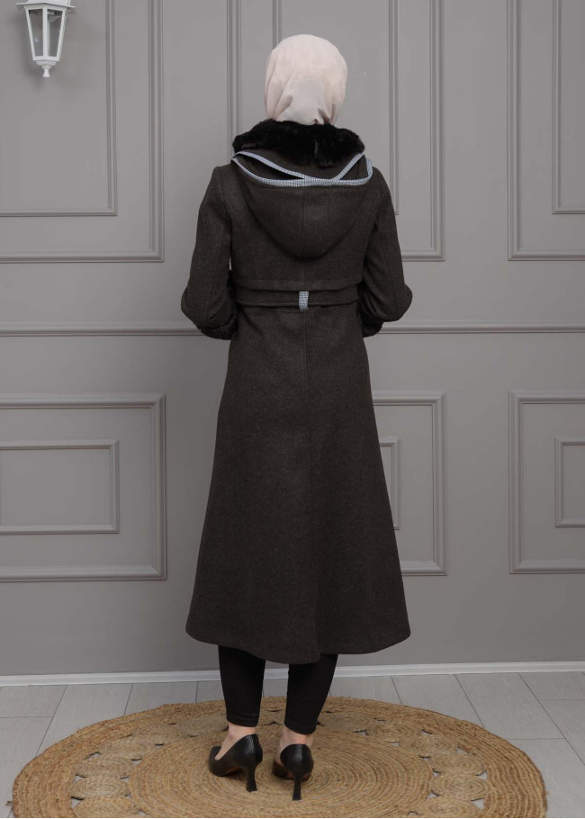 BELTED CACHET TOPCOAT WITH HOOD AND SLEEVE FUR DETAILS 1355 Siyah