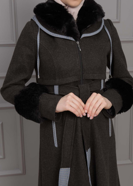 BELTED CACHET TOPCOAT WITH HOOD AND SLEEVE FUR DETAILS 1355