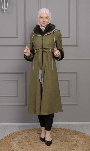 FURRY HOODED ZIPPERED OVERSIZED SUEDE TOPCOAT 1354