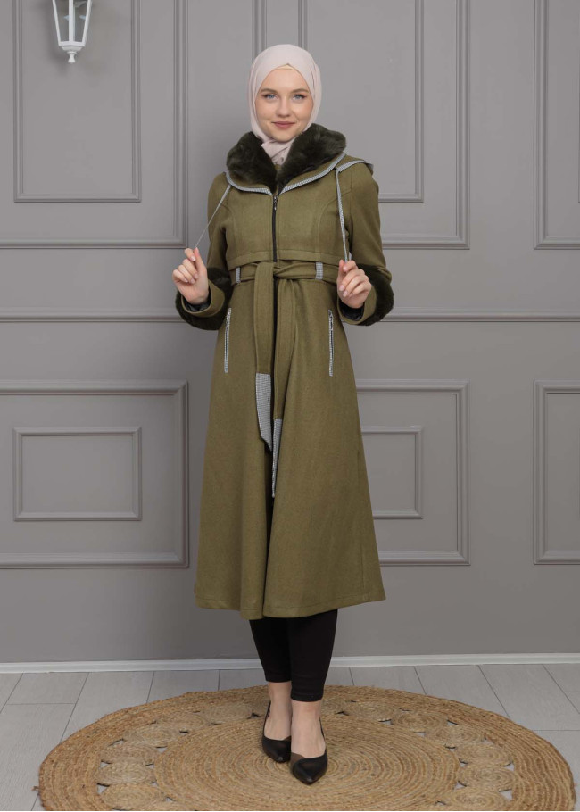 BELTED CACHET TOPCOAT WITH HOOD AND SLEEVE FUR DETAILS 1355 Haki