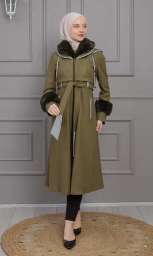 ترانشكوت نسائي جوخ شتوي مع كبيشون فرو قابلة للإزالة 1355 - زيتي