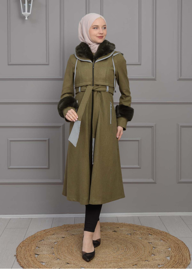 BELTED CACHET TOPCOAT WITH HOOD AND SLEEVE FUR DETAILS 1355 Haki