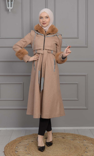 ترانشكوت نسائي جوخ شتوي مع كبيشون فرو قابلة للإزالة 1355 - بيج