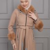ترانشكوت نسائي جوخ شتوي مع كبيشون فرو قابلة للإزالة 1355 Bej