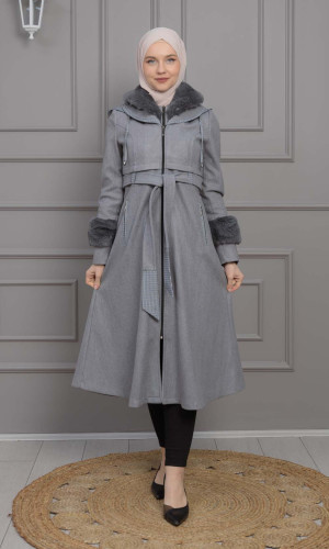 ترانشكوت نسائي جوخ شتوي مع كبيشون فرو قابلة للإزالة 1355 - فضي