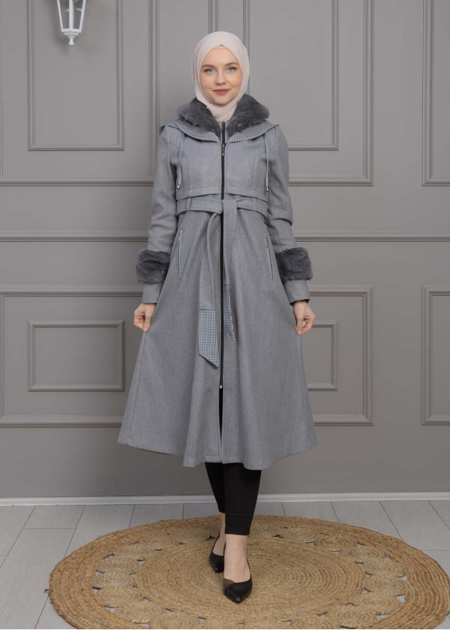BELTED CACHET TOPCOAT WITH HOOD AND SLEEVE FUR DETAILS 1355 Gri