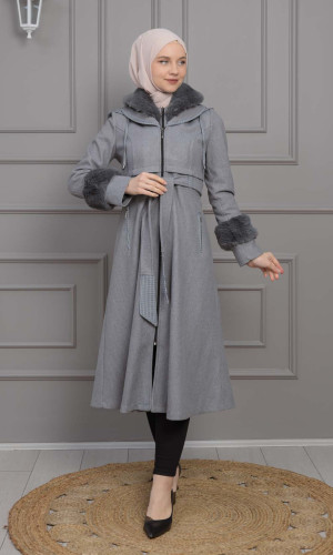 ترانشكوت نسائي جوخ شتوي مع كبيشون فرو قابلة للإزالة 1355 - فضي