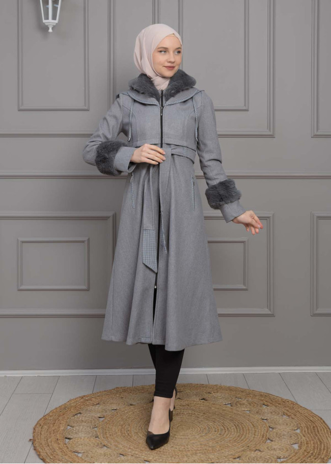 BELTED CACHET TOPCOAT WITH HOOD AND SLEEVE FUR DETAILS 1355 Gri