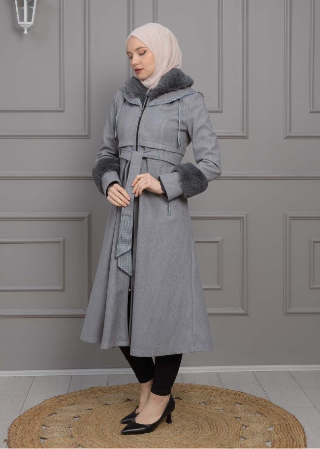 BELTED CACHET TOPCOAT WITH HOOD AND SLEEVE FUR DETAILS 1355 Gri