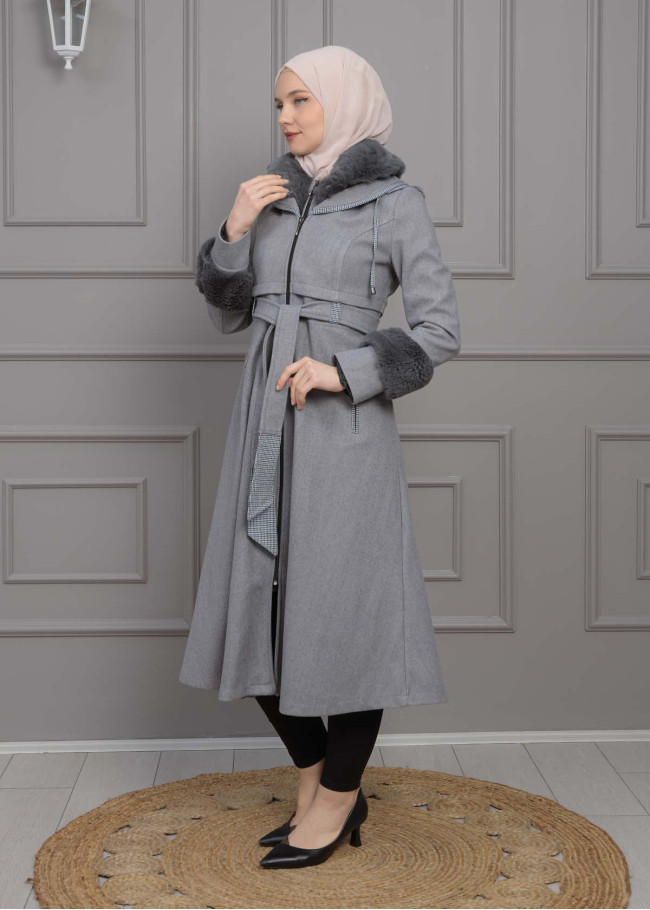 BELTED CACHET TOPCOAT WITH HOOD AND SLEEVE FUR DETAILS 1355 Gri